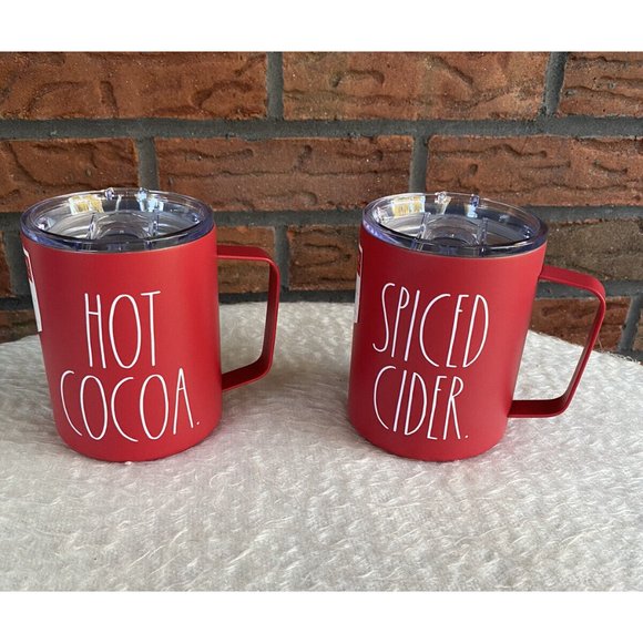 2 Rae Dunn Travel Mug Red Christmas Spiced Cider Hot Cocoa Lid Handle Steel New - Picture 1 of 12